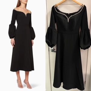 NWT Self-Portrait Black Puff-Sleeve Crepe Midi Dress